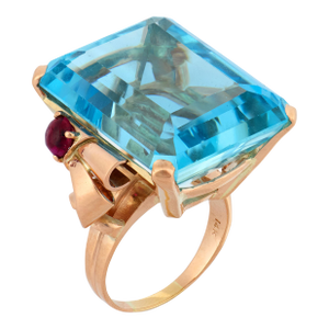 Mid 20th Century Retro 51.29 Carat Aquamarine Ruby 14k Rose Gold Cocktail Ring, Size 7.75
