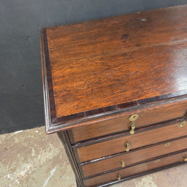 Traditional Late 19th Century Georgian 5 Drawer Oak Chest With Dark Cherry Banding With Brass Drop Pulls and Ecustions For Sale - Image 3 of 13