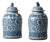 Pair of Chinese Blue and White Glazed Jars With Foo Dog Finials For Sale