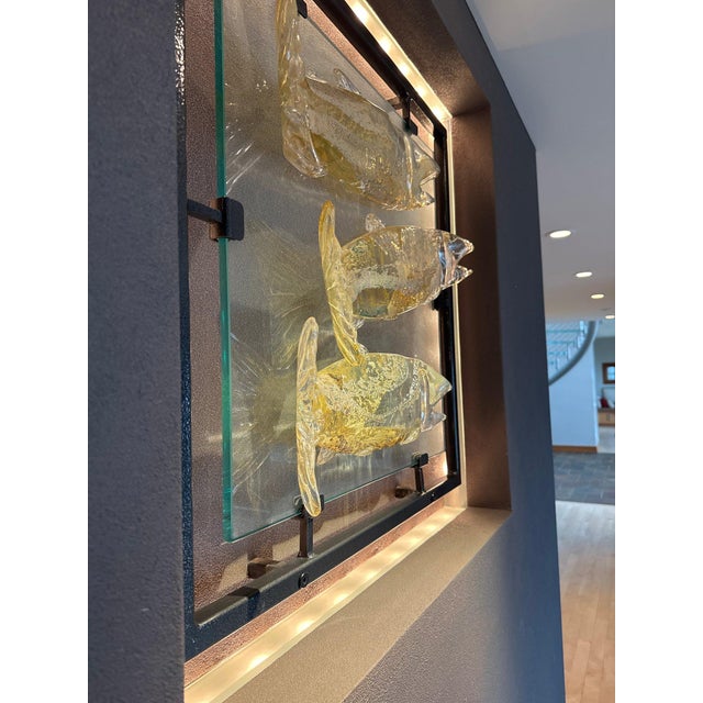 Large 30 Inch Murano Style Art Glass Fish Wall Sculpture in Architectural Steel Frame For Sale In Portland, ME - Image 6 of 9