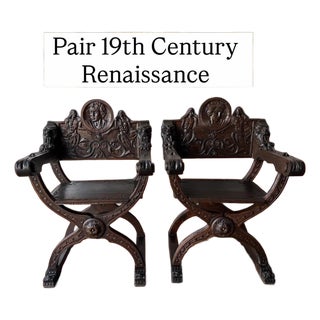19th Century Renaissance Revival Carved Curule X-Frame Armchairs (Pair) For Sale