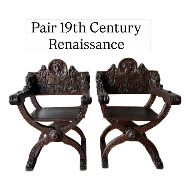 19th Century Renaissance Revival Carved Curule X-Frame Armchairs (Pair) For Sale