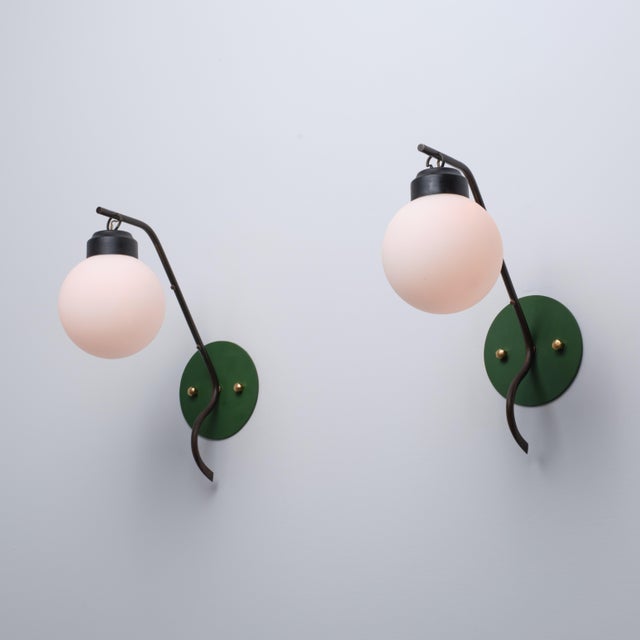 Metal Italian Brass Wall Sconces with Opaline Globe Shades, 1950s, Set of 2 For Sale - Image 7 of 12