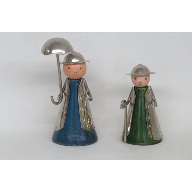 Pair of 2 Wood and Metal Folk Art Figurines Couple With Umbrella and Cane 4871b For Sale - Image 12 of 13