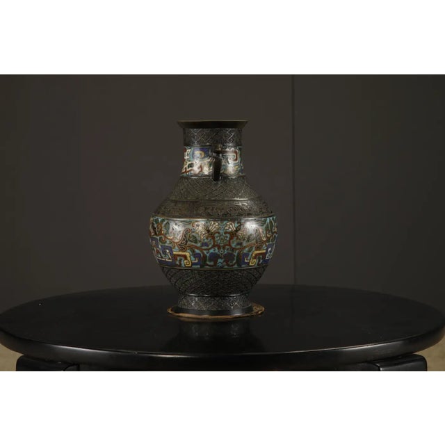 1920s Japanese Cloisonné Bronze Vase With Archaistic Bird Handles, C 1920 to 1940s For Sale - Image 5 of 14
