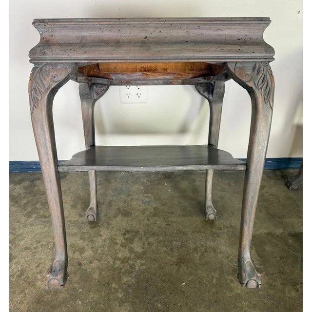 1930s Pair of Distressed English Chippendale End Tables, Leather Tops, 1930s For Sale - Image 5 of 12