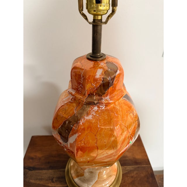 Orange Vintage Marbled Onyx Style Table Lamp in Warm Amber & Cream With Brass Base For Sale - Image 8 of 11