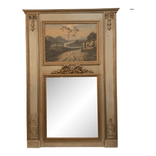 Antique 19th-Century French Louis XVI Style Painted & Gilded Trumeau Mirror For Sale