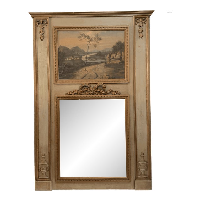Antique 19th-Century French Louis XVI Style Painted & Gilded Trumeau Mirror For Sale