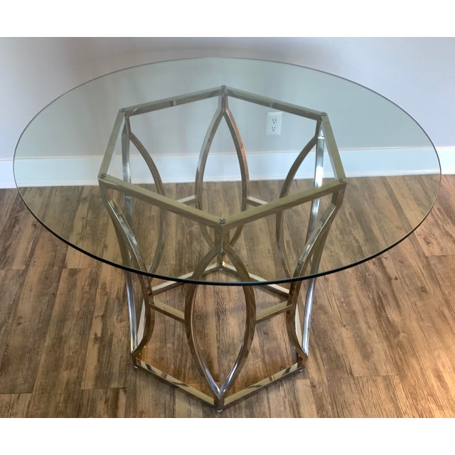 Wood Late 20th Century Steel Base and Round Glass Top Dining Table For Sale - Image 7 of 12