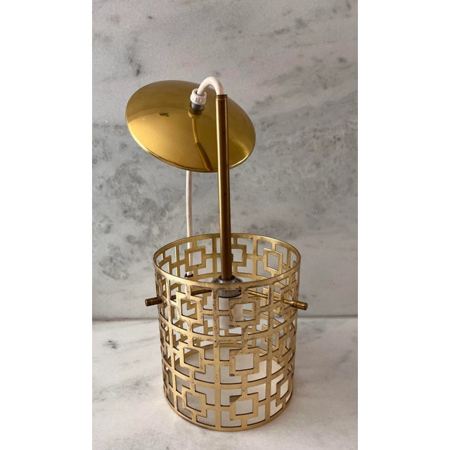 Metal Vintage Mid Century Modern Gold Tone Cylinder Drum Pendant Light For Sale - Image 7 of 12