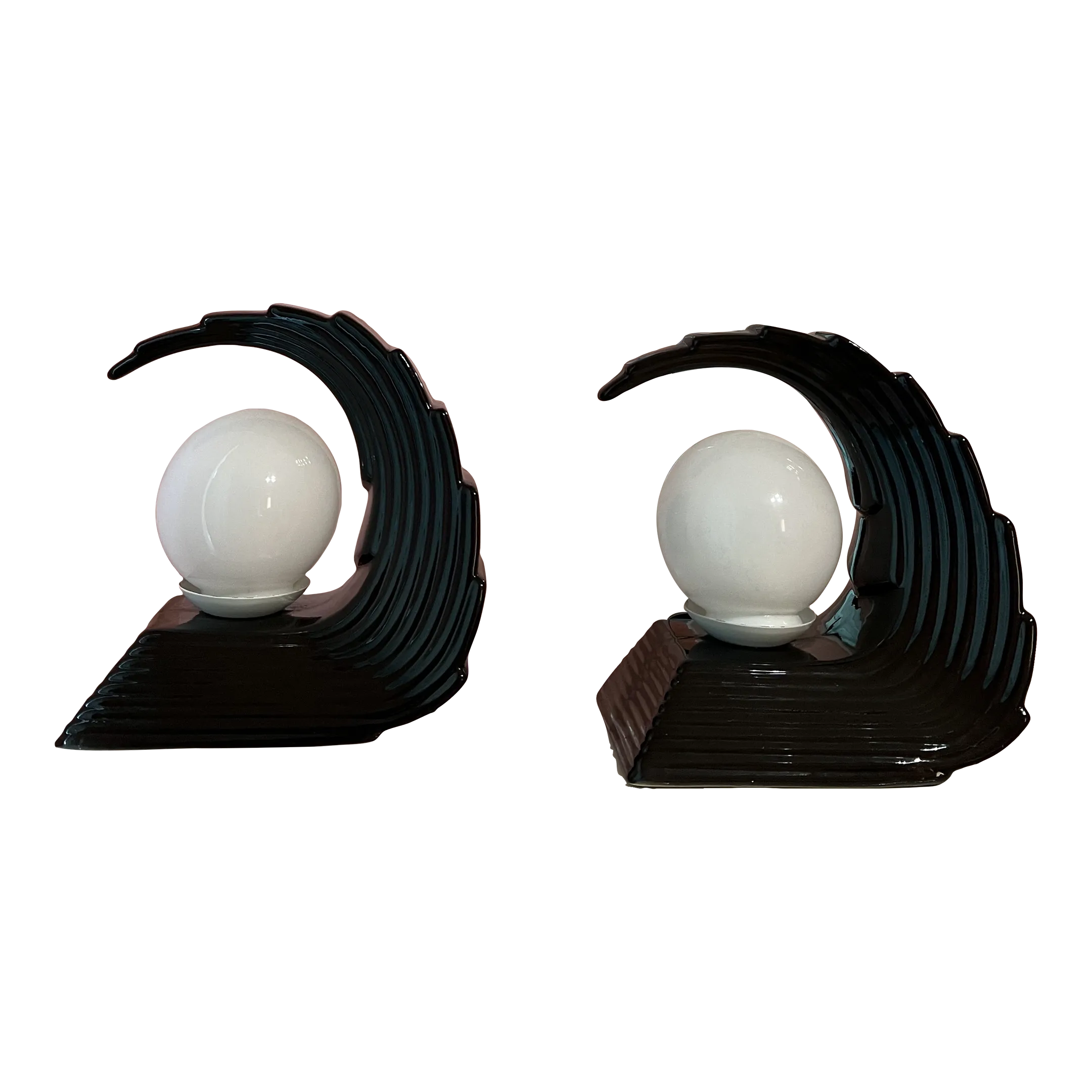 1980s Art Deco Revival Black Ceramic Wave Lamps - a Pair
