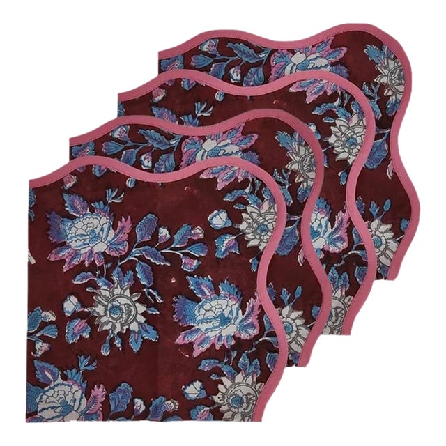 Handmade Scalloped Napkins, Burgundy Botanical Napkins with Pink Piping - Set of 4 For Sale