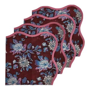Handmade Scalloped Napkins, Burgundy Botanical Napkins with Pink Piping - Set of 4