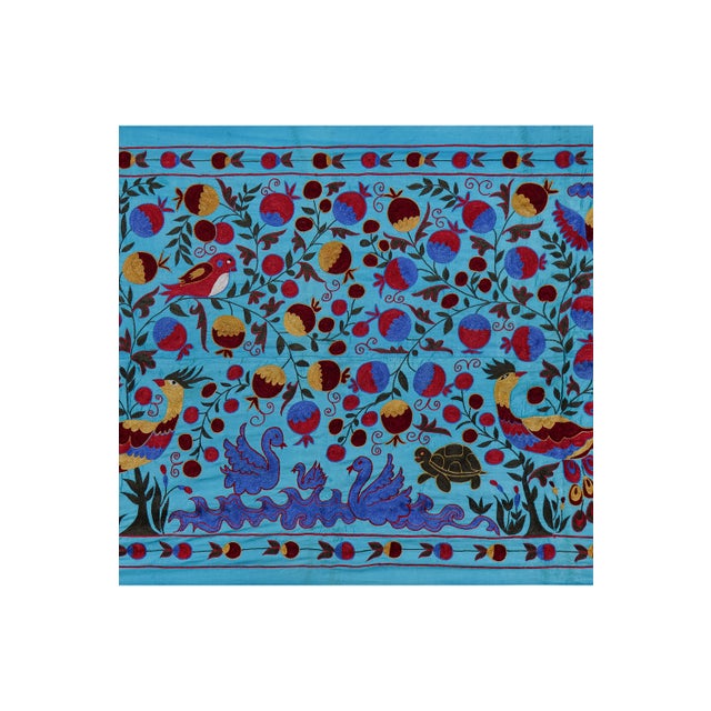 Blue Uzbek Suzani Textile – Peacock, Bird & Floral Motif Wall Art 3'4'' X 6 For Sale - Image 4 of 13