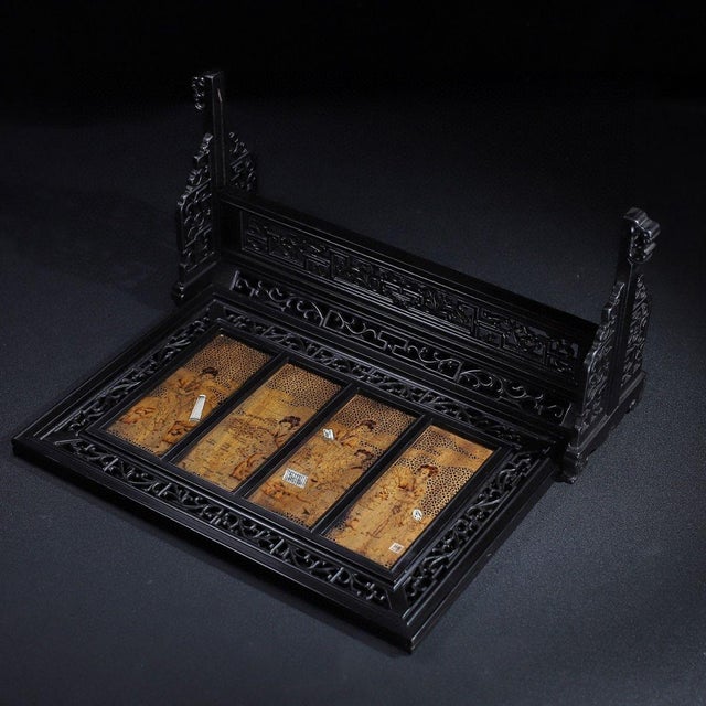 Vintage Chinese Zitan Table Screen | Carved Ladies & Agarwood Inlay With Stand For Sale - Image 10 of 10