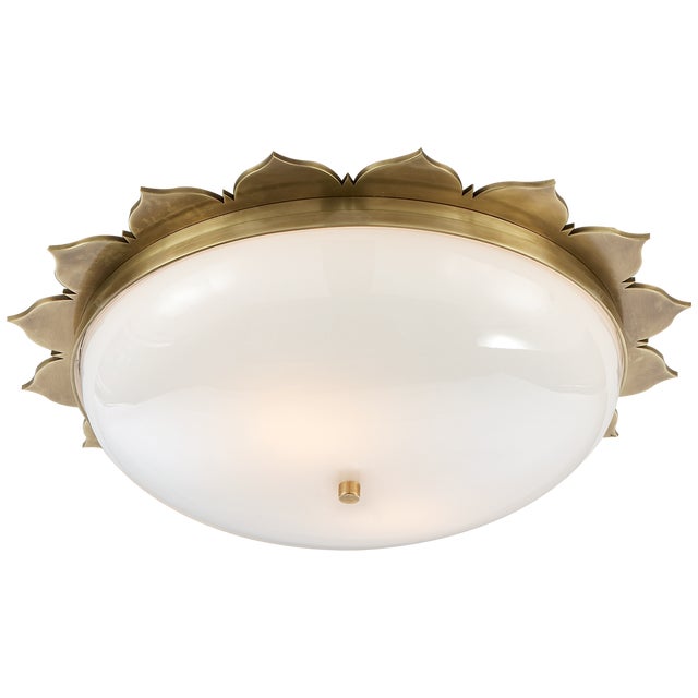 Rachel Large Flush Mount in Natural Brass with White Glass Designer: Alexa Hampton Mounting: Flush Shade Detail: White...
