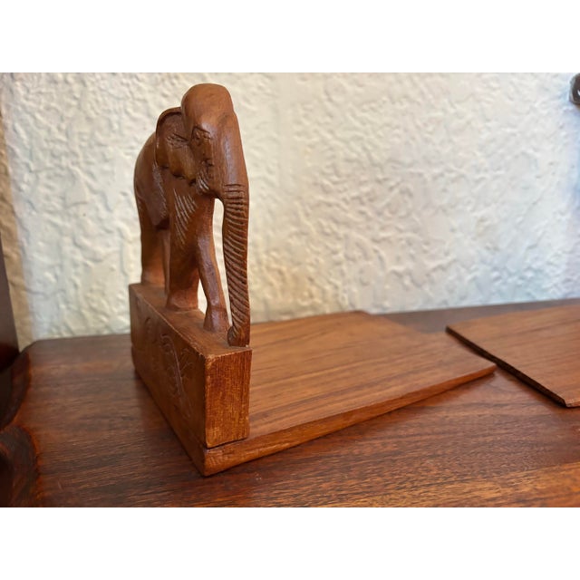Campaign Vintage Wooden Carved Elephant Bookend Pair For Sale - Image 3 of 8
