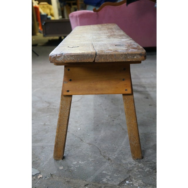 Wood Vintage French Inspired Weathered Reclaimed Oak Farmhouse Peg Leg Bench Seat 68" For Sale - Image 7 of 15