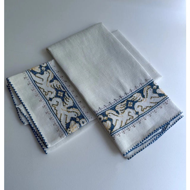 Vintage Pair Embroidered Blue & White Linen "Griffin" Hand Towels For Sale - Image 12 of 12
