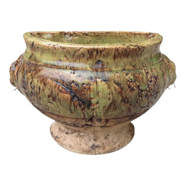 Vintage Handcrafted Lion Head Wall Planter With Decorative Ring Handles For Sale