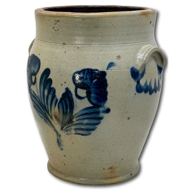 Early 19th Century Outstanding Large 3 Gallon Size Antique American Stoneware Jar With Extensive Blue Hand Decorated Features - Circa 1830s For Sale - Image 5 of 18