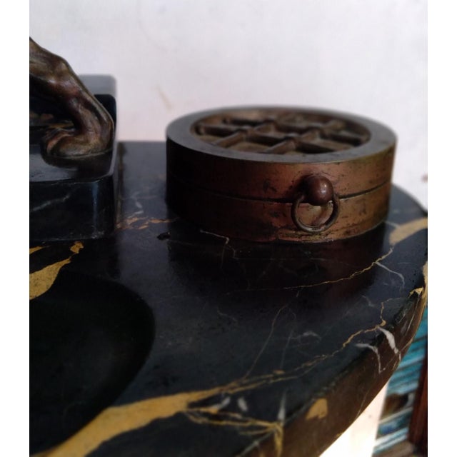 Sculptural Animalier Desk Set / Double Inkwell An impressive early-to-mid-20th-century-style bronze and stone desk...