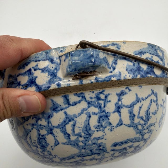 19th C. Antique Blue Spongeware Stoneware Bowl W/ Wire Bale Wooden Handle For Sale - Image 10 of 12