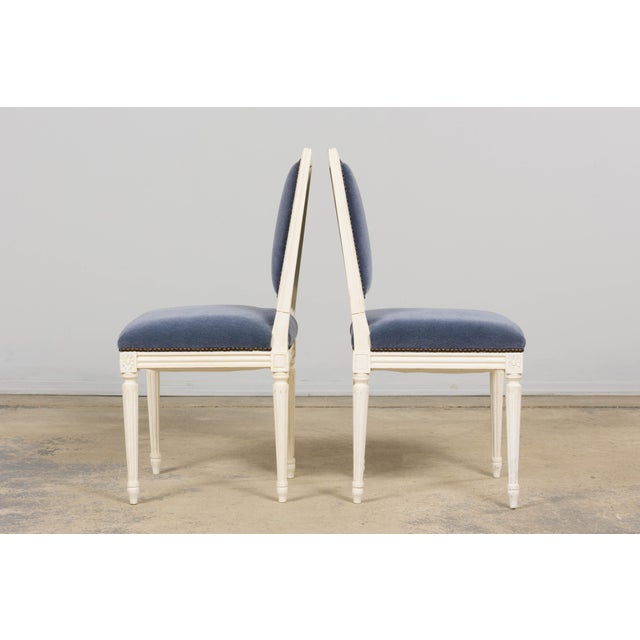 Antique French Louis XVI Style Painted Side Chairs W/ Blue Mohair – A Pair For Sale - Image 10 of 18