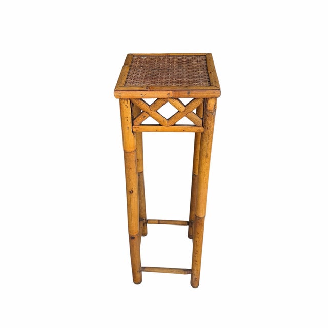 Cabin Vintage Bamboo With Woven Rattan Top Plant Stand, Side, Drink Table For Sale - Image 3 of 10