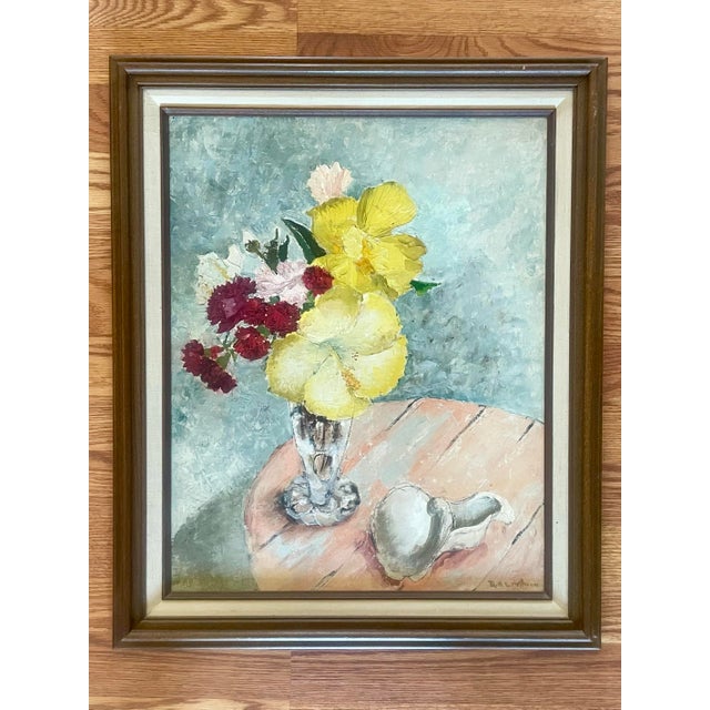 "Yellow Hibiscus" Still Life oil on canvas board by listed artist Ruth Erb Hoffman (American/New York, 1902-1968). Signed...