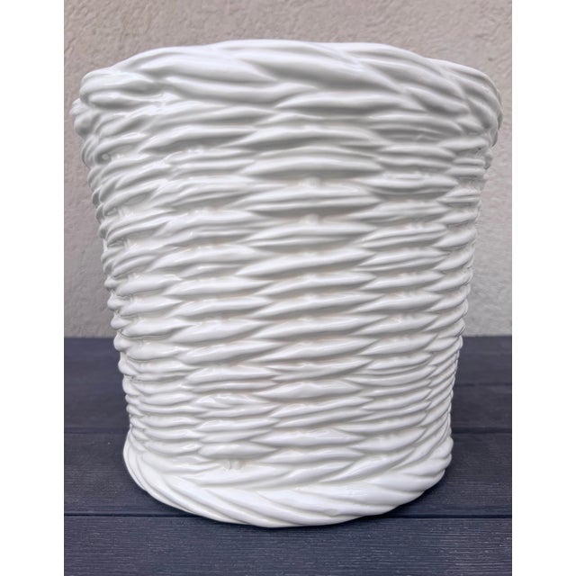 Vintage Neiman Marcus Extra Wide (9" Diameter) Italian White Ceramic Basketweave Cachepot Planter For Sale In Salt Lake City - Image 6 of 7