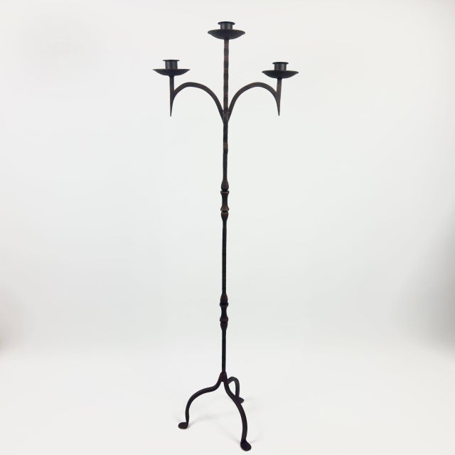 Hand Forged Iron Floor Candelabra 52″ (133cm) Antique Copper Patina 3-Arm Classic Plate Candle Holder Tall Rustic Decor For Sale - Image 6 of 7