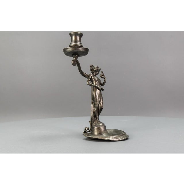 French Art Nouveau Pewter Candlestick with Lady Sculpture, 1920s For Sale - Image 3 of 18