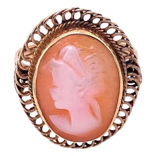 14 Karat Yellow Gold Swirl Framed Cameo Ring For Sale