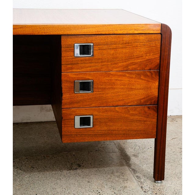 1960s Mid Century Modern Desk Solid Walnut Executive Office 3 Drawer Floating Chrome For Sale - Image 10 of 12