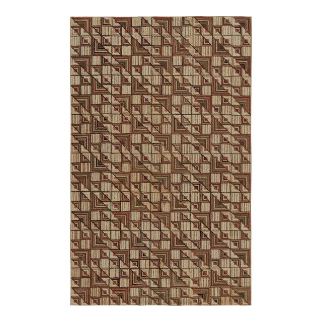 Antique Hooked Rug With Beige-Brown Geometric Patterns, From Rug & Kilim For Sale