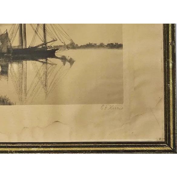 Wood Antique Nineteenth Century Nautical Lithograph Quiet Waters by C. H. Harris Framed For Sale - Image 7 of 10