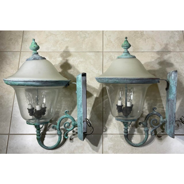 Art Deco Pair of Vintage Solid Brass Outdoor Sconces - Large Verdigris Patina Lanterns For Sale - Image 3 of 16
