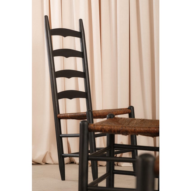 1900 - 1909 Set of 6 Antique Shaker Ladder Back Dining Chairs | Ebonized Wood, Hand-Woven Rush Seats For Sale - Image 5 of 14