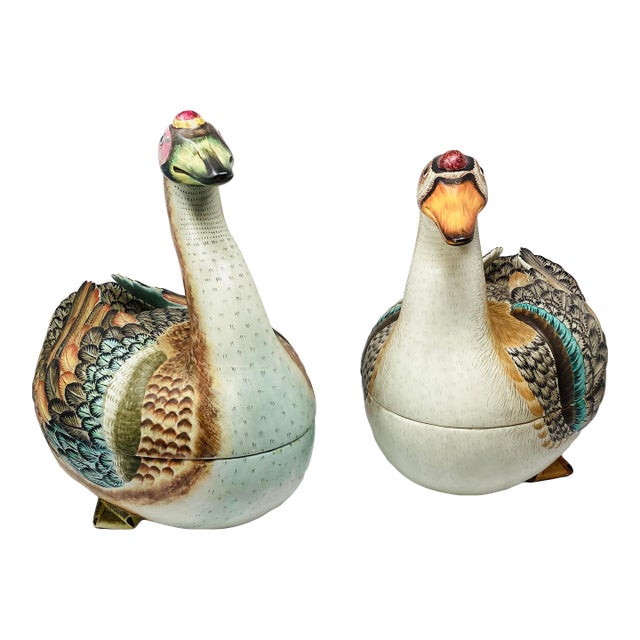 Rare Set of Vintage Mottahedeh Polychrome Geese Tureens For Sale
