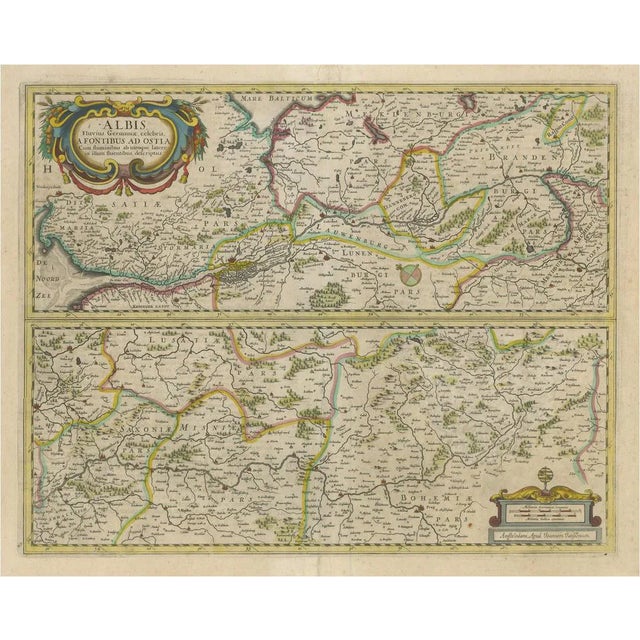 Map of the of the Course of the Albis River or Elbe River For Sale