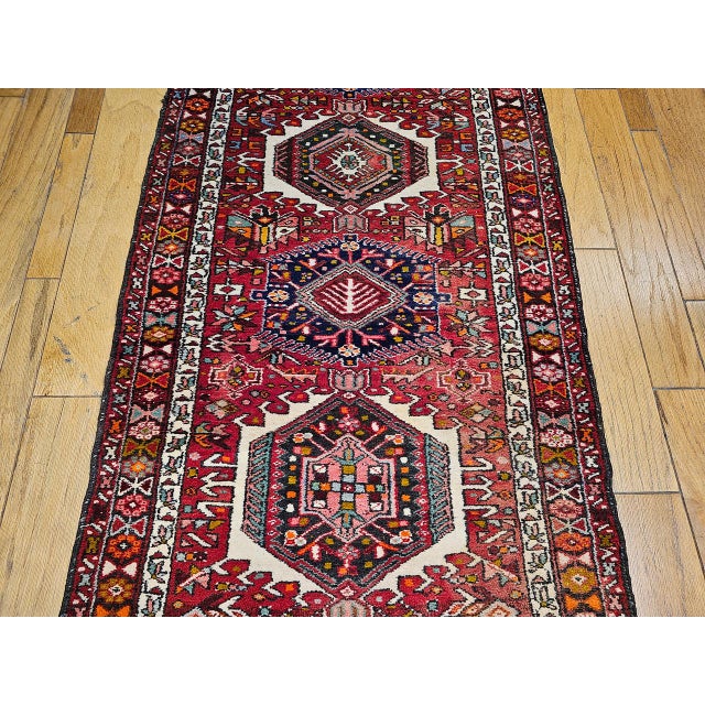 Antique Persian Heriz Karajeh Runner, Hand-Knotted Wool, Geometric Medallion Pattern, Red & Navy, 4x14 For Sale - Image 17 of 18