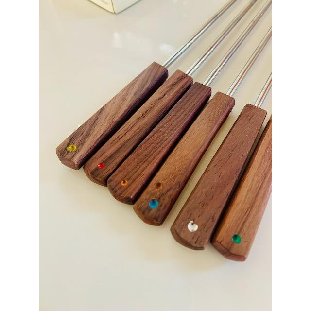 Vintage 6 piece fondue fork set Stainless steel with rosewood handles with dots of color MCM design In original box