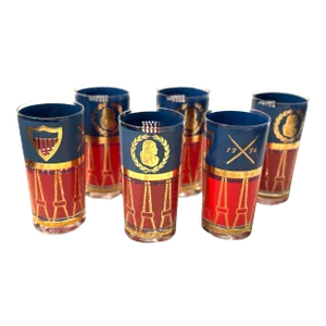 Vintage Cera Bicentennial Blue, Gold and Red Cameo and Shield Highballs, Set of Six