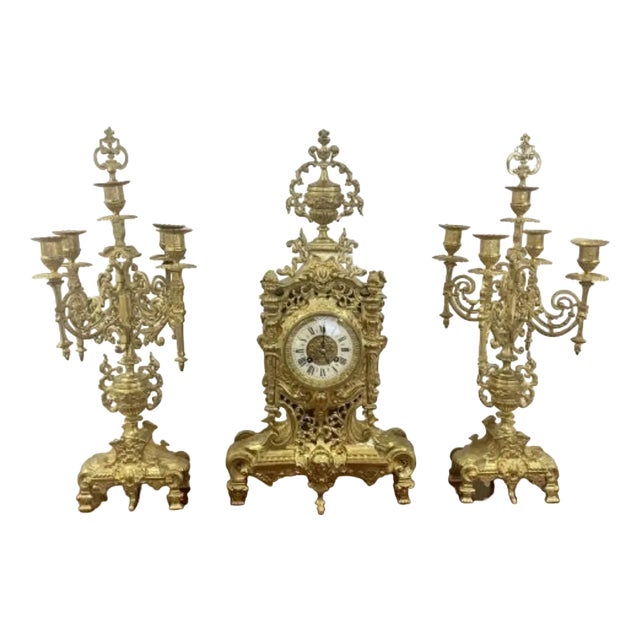 Antique French Victorian Ornate Brass Clock Garniture, 1880, Set of 3 For Sale