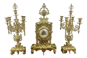 Antique French Victorian Ornate Brass Clock Garniture, 1880, Set of 3