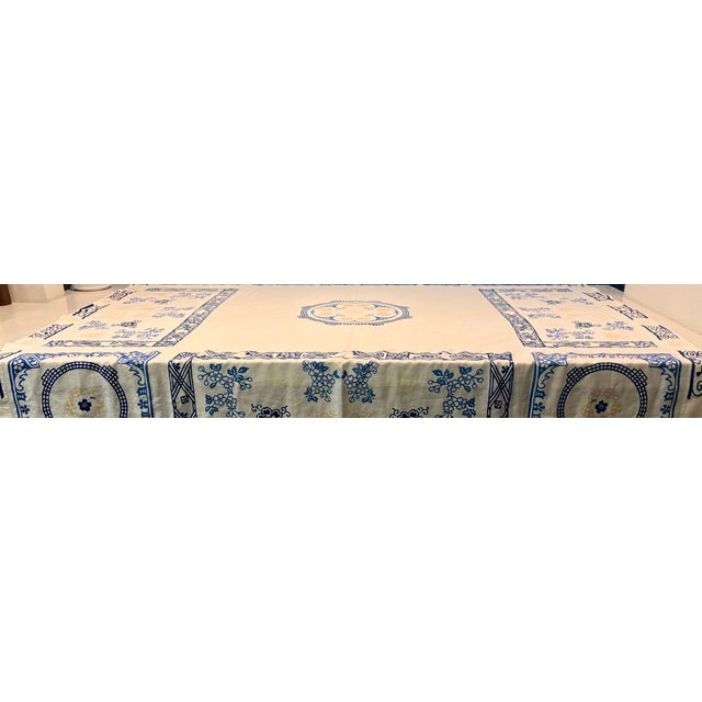 Vintage Blue and White Hand Blocked Chinoiserie Hemstitched Linen Table Cloth For Sale In Palm Springs - Image 6 of 10