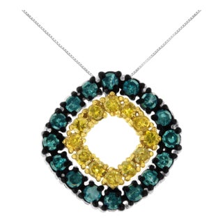 .925 Sterling Silver 1/2 Cttw Treated Blue and Yellow Diamond Double Square 18" Pendant Necklace (Blue/Yellow Color, I2-I3 Clarity) For Sale