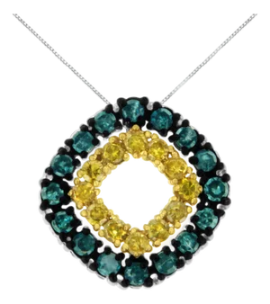 .925 Sterling Silver 1/2 Cttw Treated Blue and Yellow Diamond Double Square 18" Pendant Necklace (Blue/Yellow Color, I2-I3 Clarity)